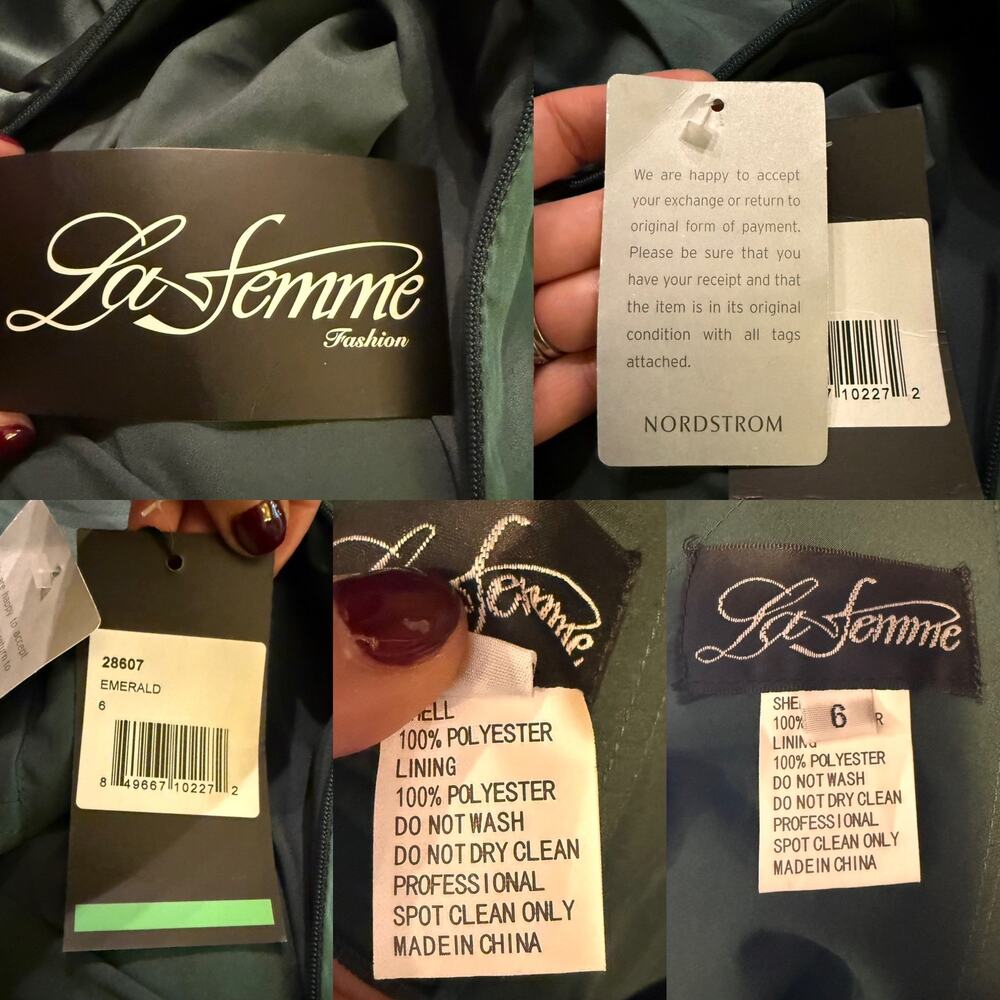 LA FEMME Emerald Green Satin Ball Gown Plunge V-Neck Dress Slit Evening 6 NWT - Picture 6 of 13